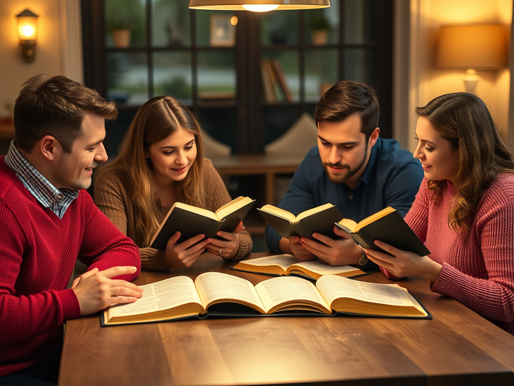 four young couples in their 30's sitting around a table, each with their own Bible for studying